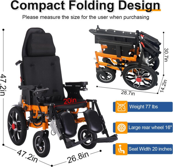 Reclining Foldable Electric Wheelchair,Comfortable Electric Wheelchair for Adults,Full Reclining Power Wheelchairs with High Back Removable Headrest,Easy Folding Portable Lightweight Wheelchair-20Mile