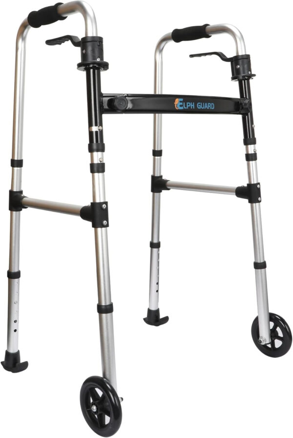 2×5″ Front Wheeled Walker, Lightweight Walkers Foldable, 2 Wheel Walker, Six Adjustable Heights for Seniors, Rolling Walker, Standard Walker with Wheels, Weight Capacity 300lbs, Silver