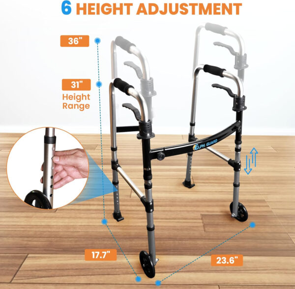 2×5″ Front Wheeled Walker, Lightweight Walkers Foldable, 2 Wheel Walker, Six Adjustable Heights for Seniors, Rolling Walker, Standard Walker with Wheels, Weight Capacity 300lbs, Silver