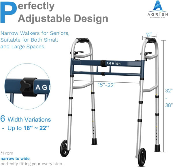 Agrish Narrow Walkers with Storage Bag – FSA/HSA Eligible Width Height Adjustable Walker, Lightweight Folding Walkers, Walkers for Seniors Handicapped & Disabled, Up to 350 lbs