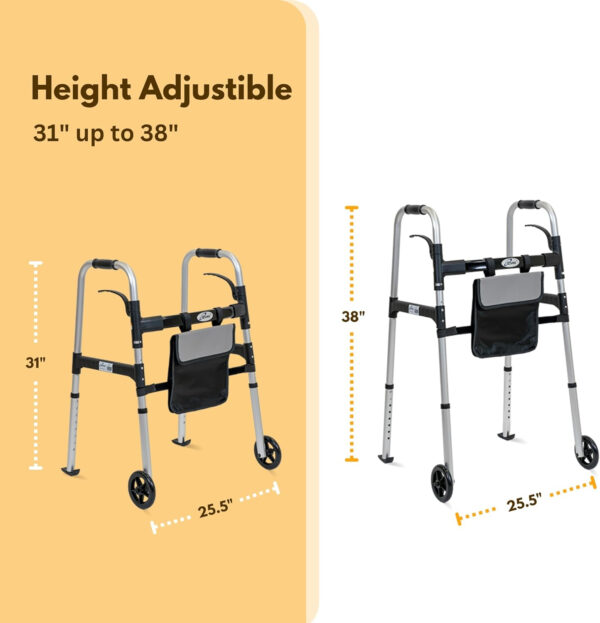 iLiving Easy Folding Rolling Walker with Shopping Bag Basket and Glide Skis – Upright Mobility Aid for Senior or Adults, Foldable and Adjustable Height Supports up to 350 lbs, Standard Walker, Silver