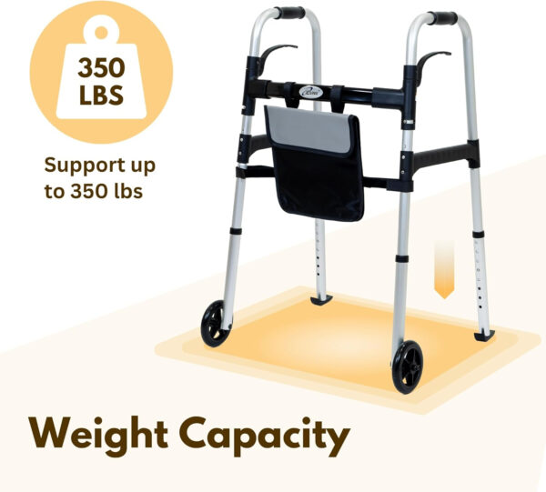 iLiving Easy Folding Rolling Walker with Shopping Bag Basket and Glide Skis – Upright Mobility Aid for Senior or Adults, Foldable and Adjustable Height Supports up to 350 lbs, Standard Walker, Silver