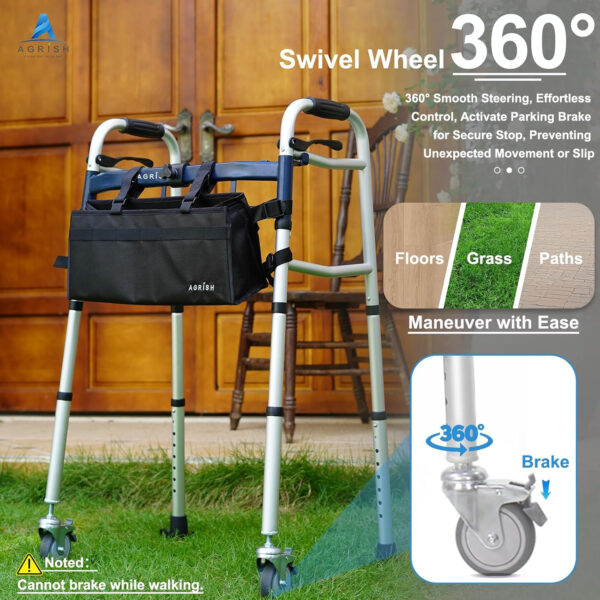 Agrish Narrow Walkers for Small Spaces – Walker with 360° Swivel Wheels & Brakes, Width & Height Adjustable, Narrow Walkers with Storage Bag, Foldable Walker for Seniors, Up to 350 lbs