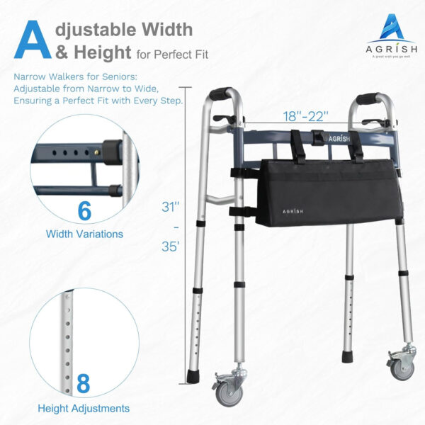 Agrish Narrow Walkers for Small Spaces – Walker with 360° Swivel Wheels & Brakes, Width & Height Adjustable, Narrow Walkers with Storage Bag, Foldable Walker for Seniors, Up to 350 lbs