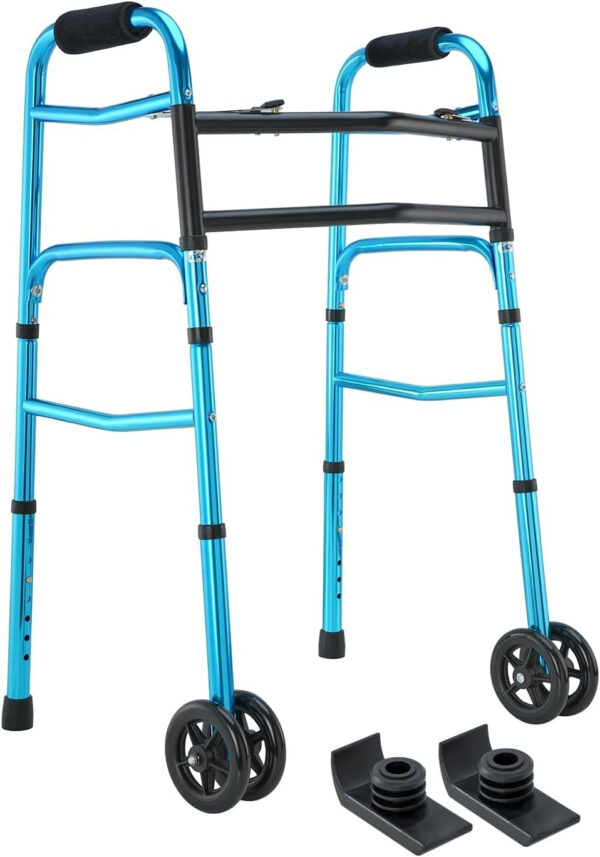 OasisSpace Heavy Duty Folding Walker, Bariatric Walker with 5 Inches Wheels for Seniors Wide Walker Supports up to 500 lbs [Walker Accessories Included] (Heavy Duty Size)