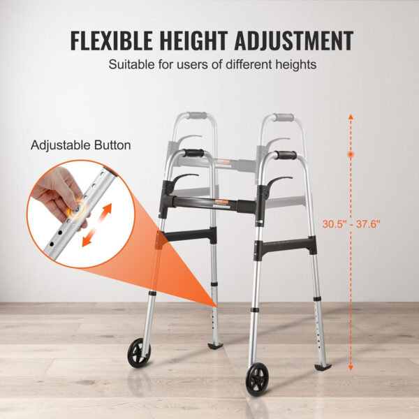 VEVOR Folding Walker, 2-Button Folding Walkers with 5″ Solid Wheels and Adjustable Height, Lightweight Aluminum Mobility Walker, Front Wheeled Rolling Walkers for Seniors and Adults, Up to 350 Pounds