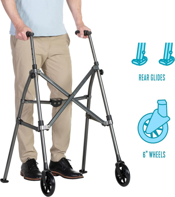 Stander Wonder Walker, Lightweight Foldable Space Saver Rolling Walker for Adults, Seniors, and Elderly, Compact Travel Walker with 6-inch Wheels and Ski Glides for Mobility Support, Cobalt Blue