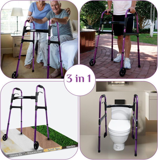 Folding Walkers for Seniors,Heavy Duty 350 lbs, 5’’ WheelsSturdy and Adjustable with One-Click,Toilet Safety Rails,Stand Up Assist