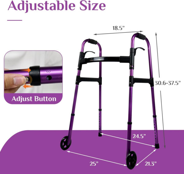 Folding Walkers for Seniors,Heavy Duty 350 lbs, 5’’ WheelsSturdy and Adjustable with One-Click,Toilet Safety Rails,Stand Up Assist