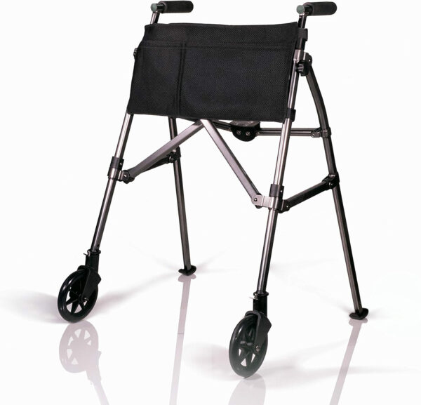 Stander Wonder Walker Plus, Lightweight Folding Rolling Walker for Adults, Seniors, Elderly, Collapsable Travel EZ Fold-N-Go Walker with Wheels, Glides, & Pouch, Compact Standard Walker, Black Walnut