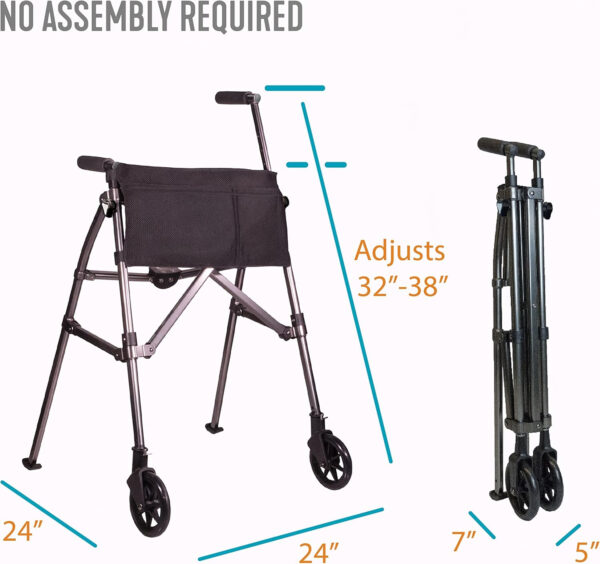 Stander Wonder Walker Plus, Lightweight Folding Rolling Walker for Adults, Seniors, Elderly, Collapsable Travel EZ Fold-N-Go Walker with Wheels, Glides, & Pouch, Compact Standard Walker, Black Walnut