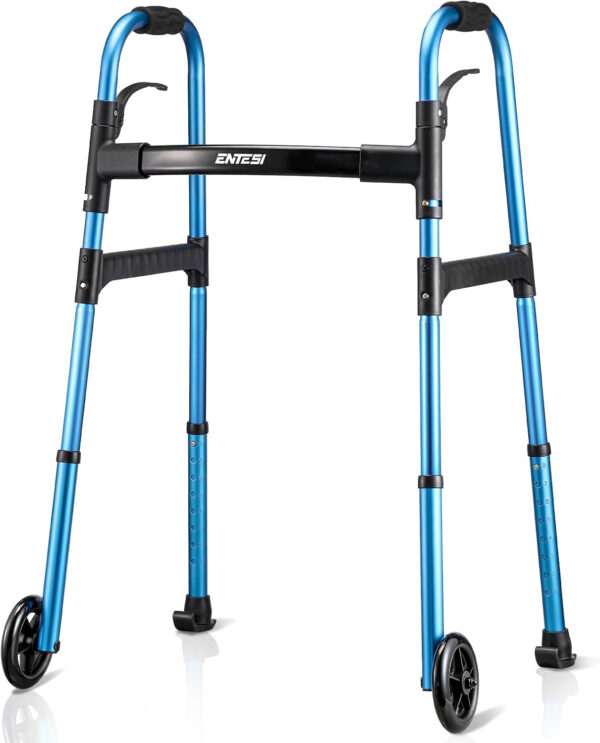 Folding Walkers for Seniors, Lightweight Standard Walkers with 2 Front Wheels, Height Adjustable Compact Rollator Support Up to 300lbs, Blue.