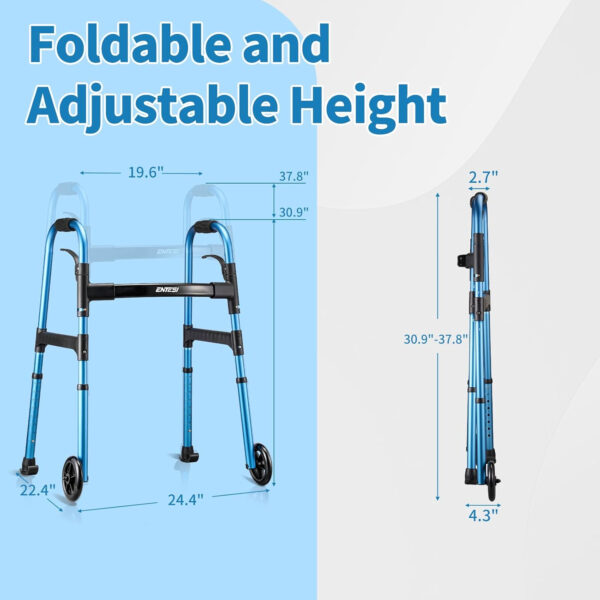 Folding Walkers for Seniors, Lightweight Standard Walkers with 2 Front Wheels, Height Adjustable Compact Rollator Support Up to 300lbs, Blue.