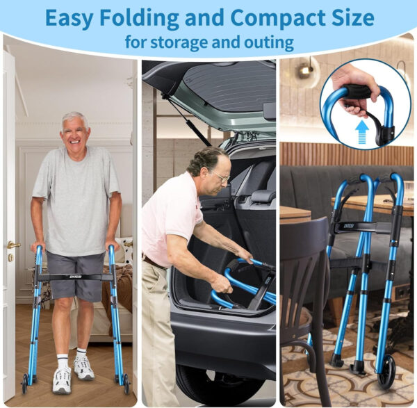 Folding Walkers for Seniors, Lightweight Standard Walkers with 2 Front Wheels, Height Adjustable Compact Rollator Support Up to 300lbs, Blue.