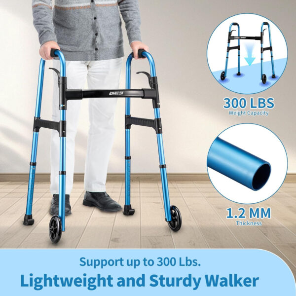 Folding Walkers for Seniors, Lightweight Standard Walkers with 2 Front Wheels, Height Adjustable Compact Rollator Support Up to 300lbs, Blue.