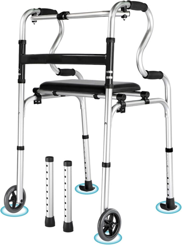 Eosprim Walkers for Seniors with Seat, Stand Assist Folding Walker with Wheels, Narrow Walkers for Small Spaces Lightweight Upright Walkers, Lightweight Stand Up Walker Foldable for Adult (Silver)