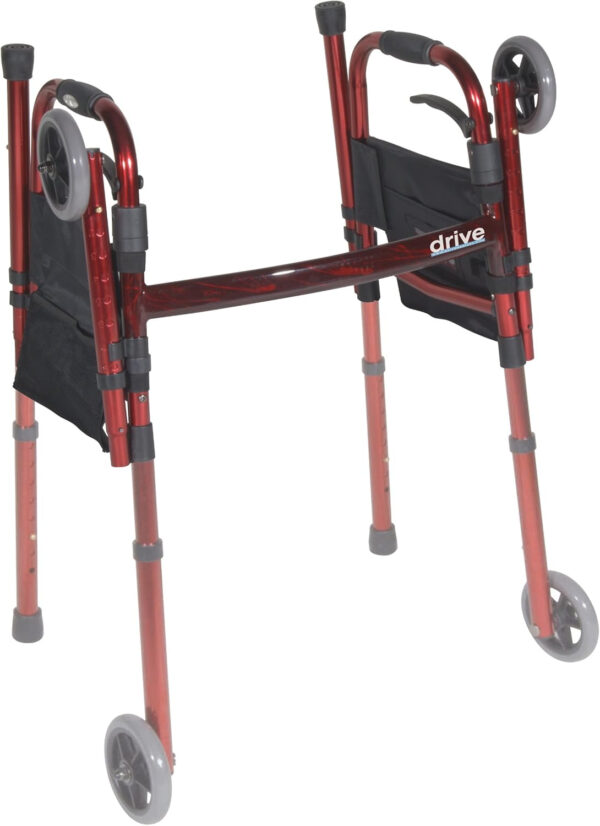 Drive Medical Deluxe Portable Folding Travel Walker with 5″ Wheels and Fold up Legs, Red