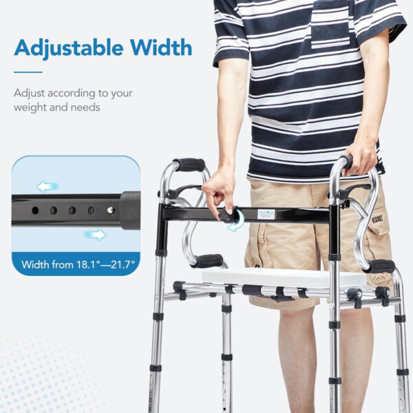 4 in 1 Folding Walker with Seat by Health Line Massage Products, Width Adjustable Folding Walkers with 5” Wheels and Extra 2 Skis, Compact Adults Walker for Seniors Support Up to 350lbs Sliver