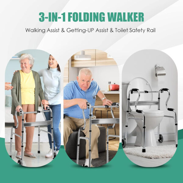 Goplus 3-in-1 Stand-Assist Folding Walker with 5″ Wheels, Heavy Duty Walking Mobility Aid Supports up to 440lbs, Can be Used as Toilet Safety Rail, Narrow Drive Walkers for Seniors Elderly Adult