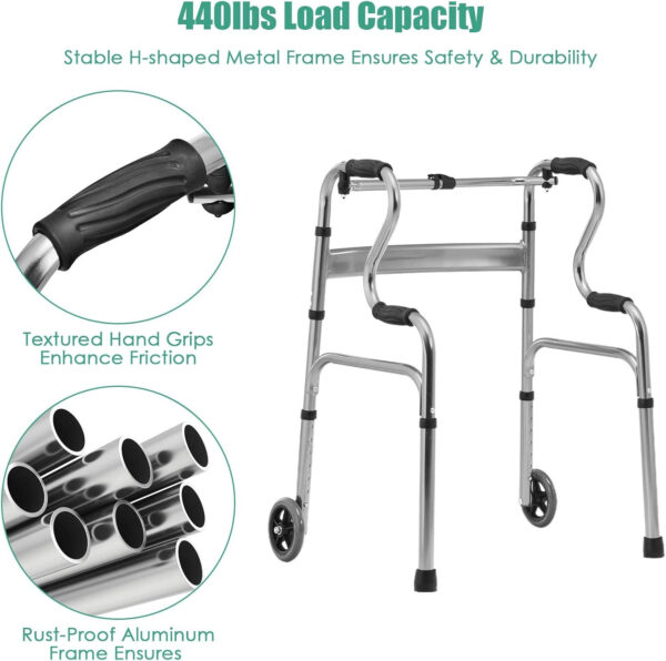 Goplus 3-in-1 Stand-Assist Folding Walker with 5″ Wheels, Heavy Duty Walking Mobility Aid Supports up to 440lbs, Can be Used as Toilet Safety Rail, Narrow Drive Walkers for Seniors Elderly Adult