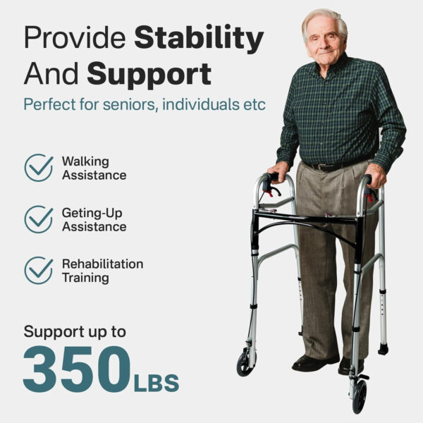 Eosprim Folding Rolling Walker with Brakes, Walker for Seniors Foldable, Lightweight Front Wheel Walker for Adults Elderly Handicap, Narrow Walkers for Small Spaces 350lbs with Seat Upright (Silver)