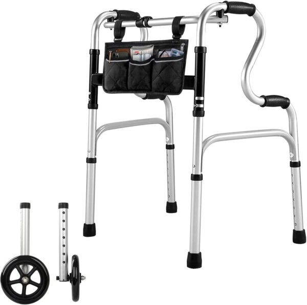 Foldable Walkers for Seniors – Aluminum Stepped Handrail Walker, Height Adjustable Walkers for Seniors, Lightweight Folding Walkers, 2 Wheels with Bearings Available as an Option, Silver