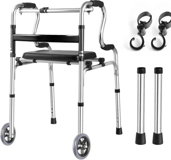 REAQER Foldable Rollator Walker with Seat Height Adjustable 4 in 1 Folding Walker with 5” Wheels and Extra 2 Hooks, Wide Lightweight Rolling Walker for Seniors and Adults Support Up to 350lbs