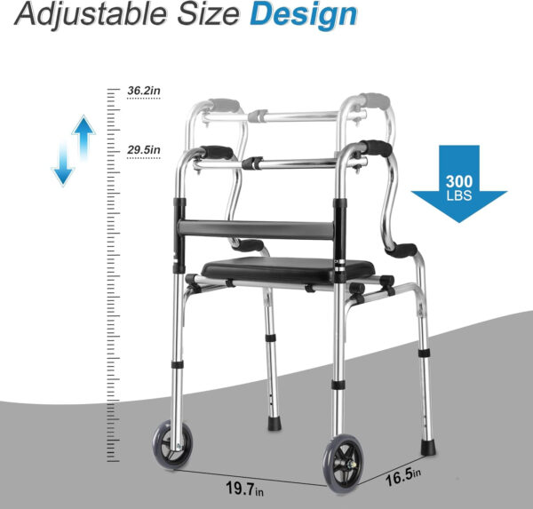 REAQER Foldable Rollator Walker with Seat Height Adjustable 4 in 1 Folding Walker with 5” Wheels and Extra 2 Hooks, Wide Lightweight Rolling Walker for Seniors and Adults Support Up to 350lbs