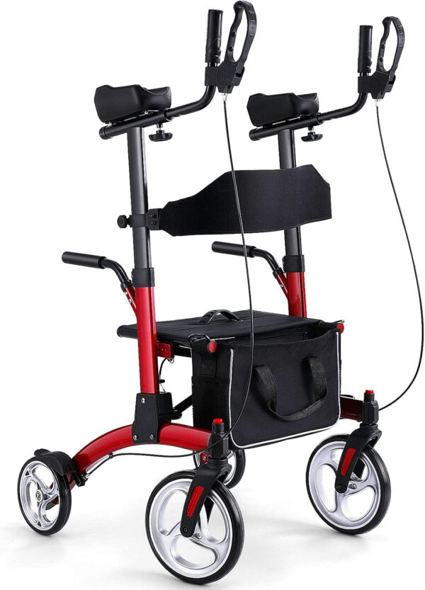 Upright Rollator Walkers for Seniors- Stand up Rolling Walker with Seats and 10″ Wheels, Padded Armrest and Backrest,Tall Rolling Mobility Aid with Basket, Foam Handle to Stand up Red