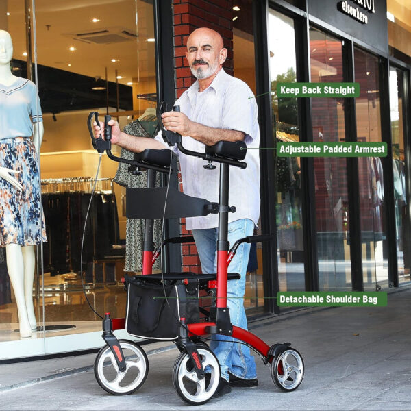 Upright Rollator Walkers for Seniors- Stand up Rolling Walker with Seats and 10″ Wheels, Padded Armrest and Backrest,Tall Rolling Mobility Aid with Basket, Foam Handle to Stand up Red