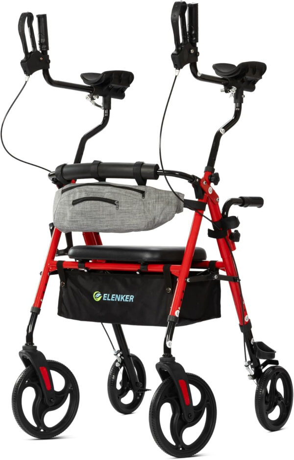 ELENKER Upright Rollator Walker, Stand Up Walkers for Seniors with Armrest, Front Pouch, 10”Wheels, Sponge Padded Seat and Backrest, Fully Adjustment Frame, Red