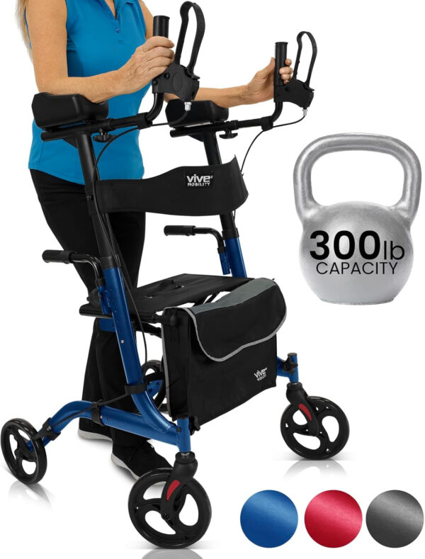 Vive Mobility Upright Walker with Seat – Stand Up Rollator, Arm Rests, Heavy Duty, Folding Medical Aid Scooter for Elderly, Seniors – Walking Assist, Foldable Transport Chair – 300 lb Capacity