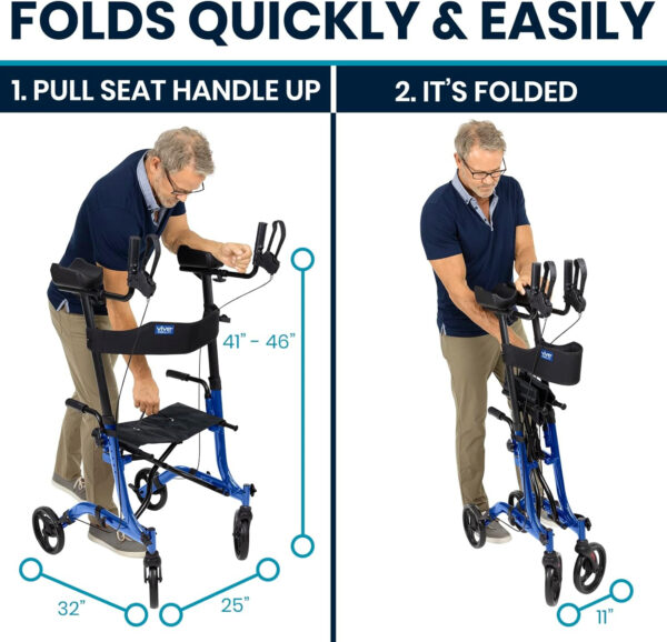 Vive Mobility Upright Walker with Seat – Stand Up Rollator, Arm Rests, Heavy Duty, Folding Medical Aid Scooter for Elderly, Seniors – Walking Assist, Foldable Transport Chair – 300 lb Capacity