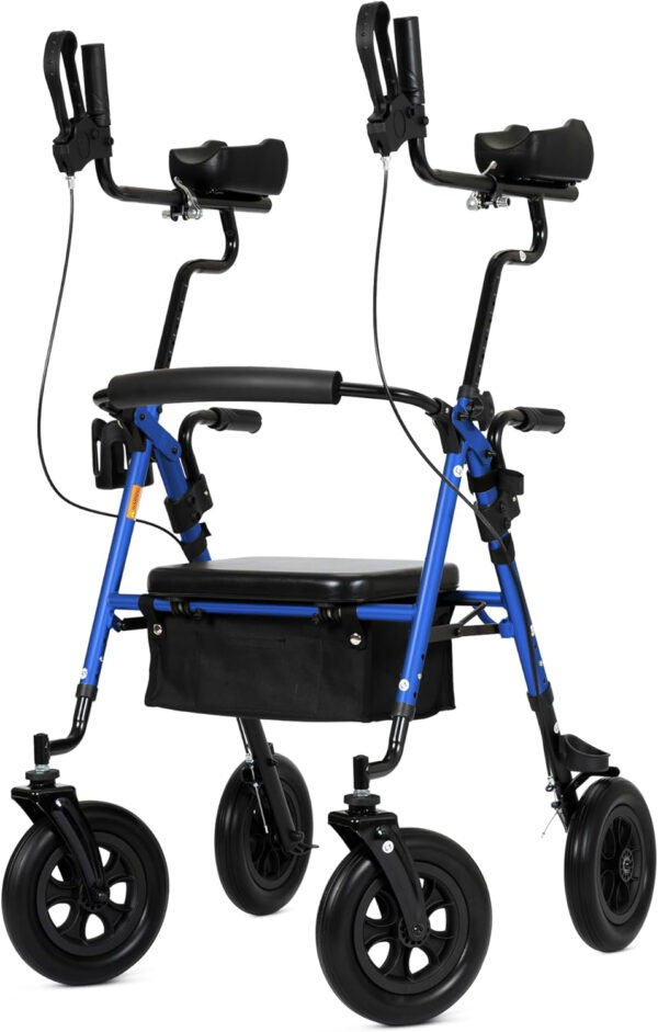 ELENKER Upright Rollator Walker, Stand Up Rolling Walker with 10’’Big PU Wheels and Adjustable Padded Armrests for Seniors from 4’8”to 6’4” (Blue)