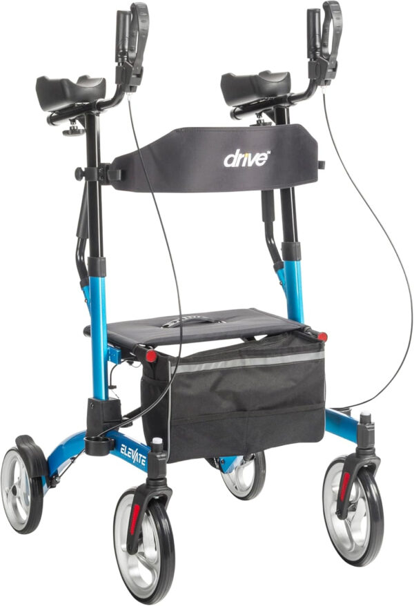 Drive Medical Elevate Upright Walker with Seat and Armrests, Standing Rollator with 10 Inch Wheels, Folding Standup Walker for Seniors, Upright Rollator, Tall Forearm Walker for Erect Posture, Blue