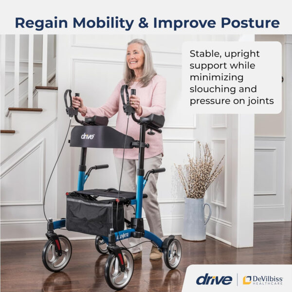 Drive Medical Elevate Upright Walker with Seat and Armrests, Standing Rollator with 10 Inch Wheels, Folding Standup Walker for Seniors, Upright Rollator, Tall Forearm Walker for Erect Posture, Blue