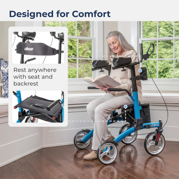 Drive Medical Elevate Upright Walker with Seat and Armrests, Standing Rollator with 10 Inch Wheels, Folding Standup Walker for Seniors, Upright Rollator, Tall Forearm Walker for Erect Posture, Blue