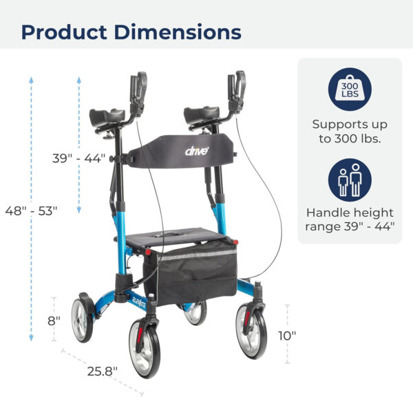 Drive Medical Elevate Upright Walker with Seat and Armrests, Standing Rollator with 10 Inch Wheels, Folding Standup Walker for Seniors, Upright Rollator, Tall Forearm Walker for Erect Posture, Blue