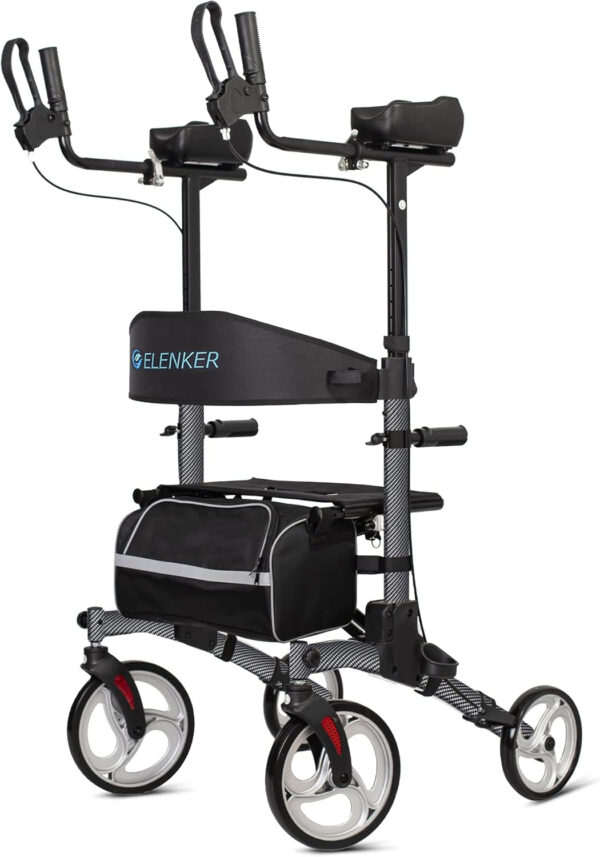 ELENKER Upright Walker, Stand Up Folding Rollator Walker with 10” Front Wheels Backrest Seat and Padded Armrest for Seniors(Carbon Fiber Black)