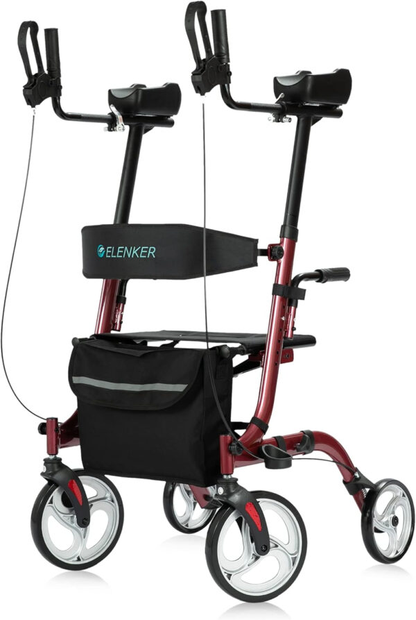 ELENKER Upright Rollator Walker, Stand Up Folding Rollator Walker Back Erect Rolling Mobility Walking Aid with Seat, Padded Armrests for Seniors and Adults, Red