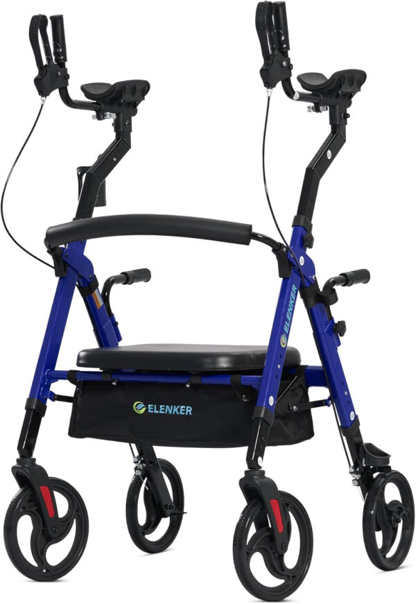 ELENKER Heavy Duty Upright Walker with Extra Wide Padded Seat and Backrest, Aluminum Bariatric Stand Up Rolling Walker, 10” Wheels, Fully Adjustment Frame, Support up to 500 lbs for Seniors, Blue