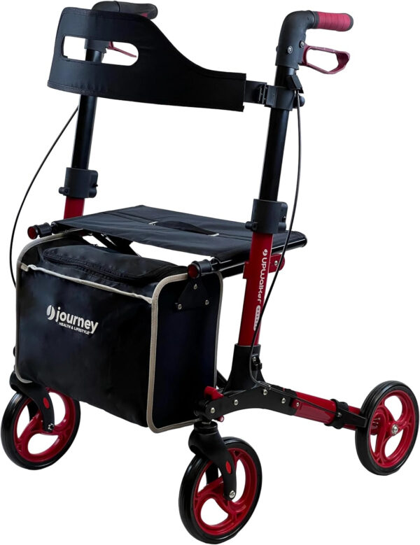 Journey UPWalker Breeze – Traditional Rollator Walker – Premium, Lightweight Adjustable Upright Rollator Walker with Seat for Adults, Seniors & The Elderly – Red Frame