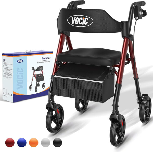 Walkers for Seniors,Foldable Walker with Seat,Rollator Walker with Durable Aluminum,8″ Big Wheels for All Terrain, Ergonomic Seat and Backrest,Dual Adjustable Height Rolling Walker| Gloria Red