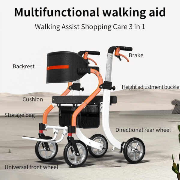 2-in-1 All-Terrain Upright Rolling Walker Wheelchair Combination, no Installation, One-Step Folding, Convenient Shopping Basket, Walkers for Seniors and Adults of Different Heights