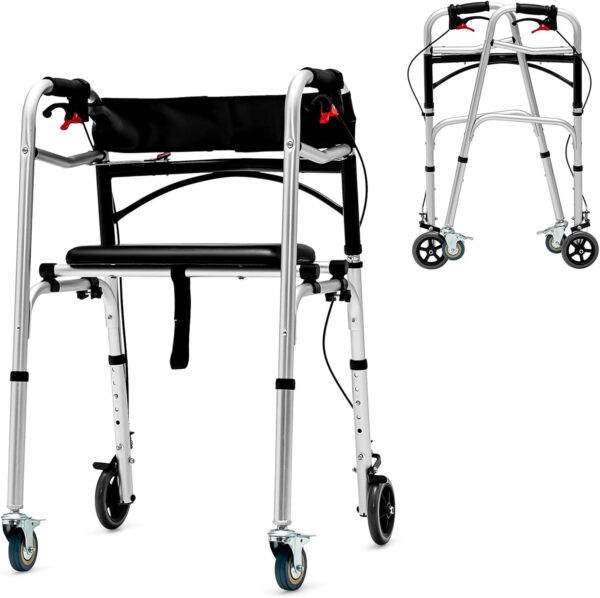 SAFSTAR 2-Button Folding Walker, Rollator Walker with Seat & Wheels, Height Adjustable Stand Up Walker w/Brakes, Reversible Seat Cushion, Heavy Metal Frame Backrest, Upright Walkers for Seniors