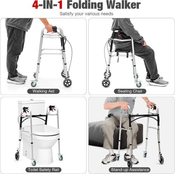 SAFSTAR 2-Button Folding Walker, Rollator Walker with Seat & Wheels, Height Adjustable Stand Up Walker w/Brakes, Reversible Seat Cushion, Heavy Metal Frame Backrest, Upright Walkers for Seniors