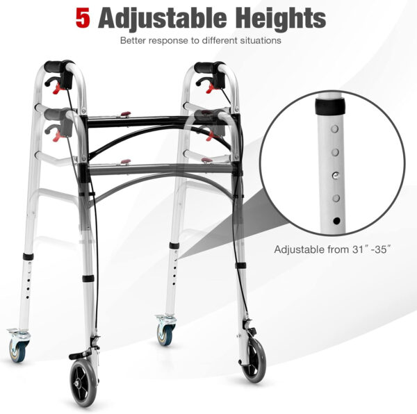 SAFSTAR 2-Button Folding Walker, Rollator Walker with Seat & Wheels, Height Adjustable Stand Up Walker w/Brakes, Reversible Seat Cushion, Heavy Metal Frame Backrest, Upright Walkers for Seniors