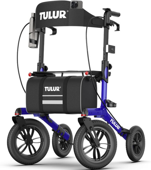 TULUR All-Terrain Rollator Walker with Non-Pneumatic Tire 12″ Wheels – Outdoor Walkers for Seniors with Seat & Light – Super Comfort on All Surfaces andador para adultos mayores (Blue)