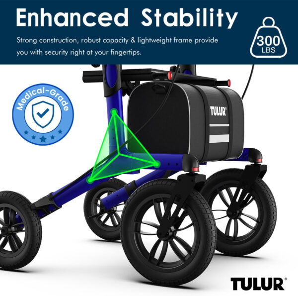 TULUR All-Terrain Rollator Walker with Non-Pneumatic Tire 12″ Wheels – Outdoor Walkers for Seniors with Seat & Light – Super Comfort on All Surfaces andador para adultos mayores (Blue)