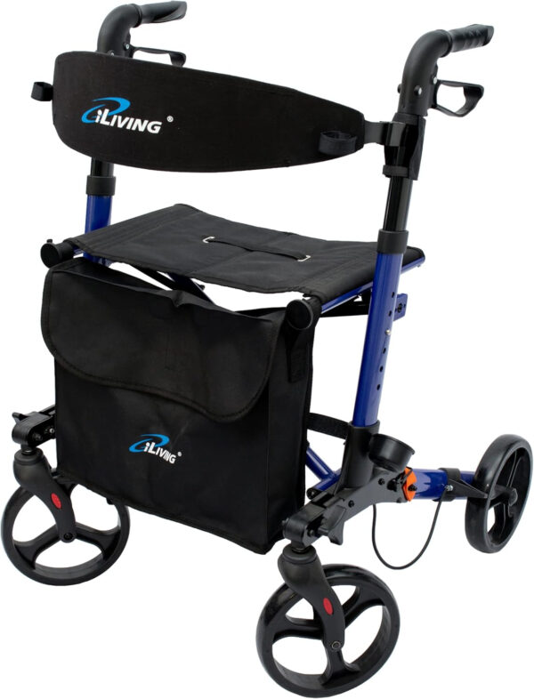 iLIVING USA Foldable Upright Mobility Rollator, Light Weight Walker for Senior, Front Bag and Easy to Clean Seat and Back Rest, Dual Brakes with Parking Lock (ILG-622),Blue